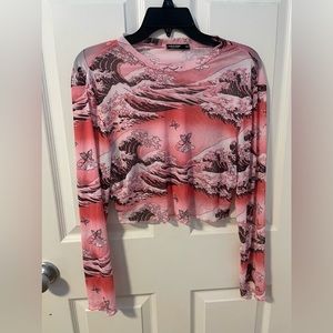 Women/junior pink and black wave mesh sheer top